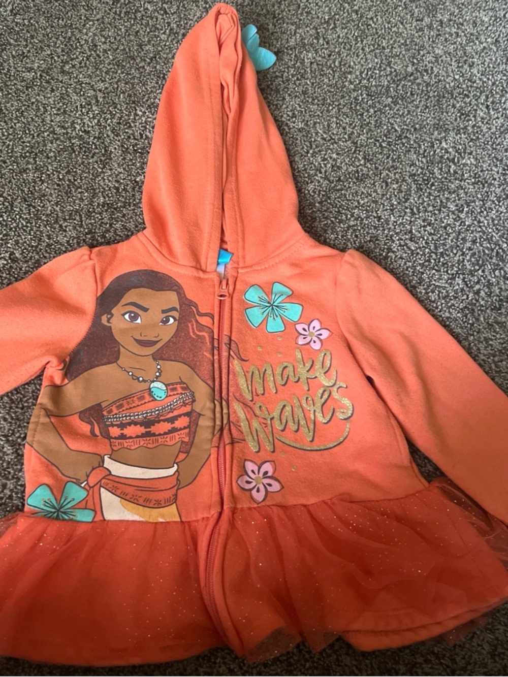 Disney Coral Hoodie with Turquoise Accent and Pink Floral Detail